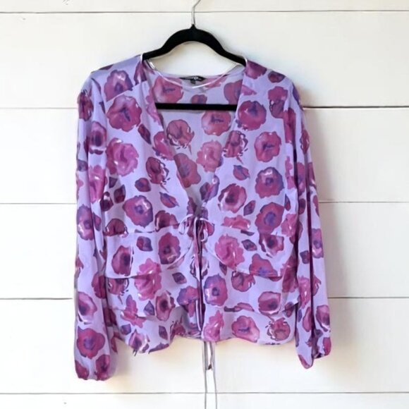MAUVE PURPLES Summer Ruffled Semi Sheer layered front wrap blouse Sz M EUC - Picture 1 of 8